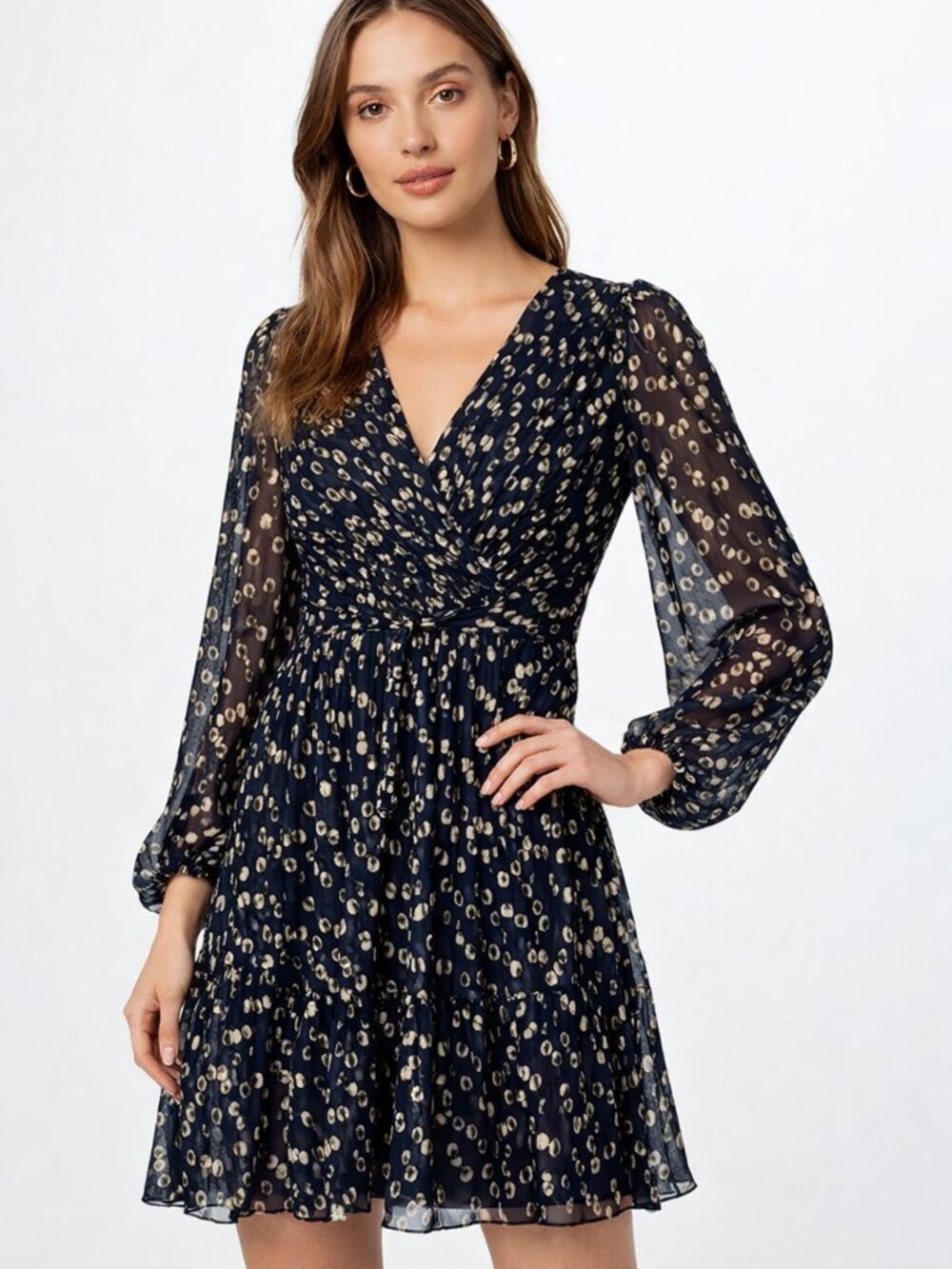 NWT A Loves A Silk Metallic Pleated Babydoll Dress – Sheer Long Sleeves, V‑Neck,